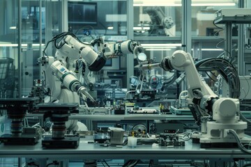 A highly automated manufacturing plant where AI controls robotic arms and assembly lines