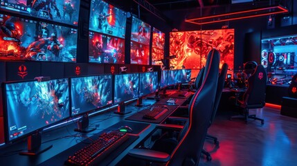 Fototapeta premium modern e-sports arena where gamers compete using advanced gaming setups with multiple high-resolution displays