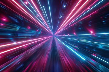 Vibrant abstract image showcasing dynamic light trails in pink and blue, creating a sense of speed and energy in a digital space.