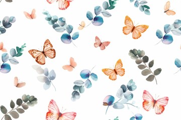 Butterflies with delicate wings, depicted in a seamless nature pattern using watercolor style