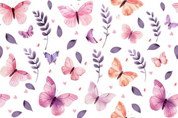 Fototapeta premium Butterflies with delicate wings, depicted in a seamless nature pattern using watercolor style