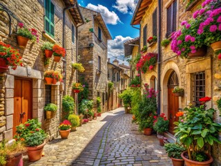 Fototapeta premium Charming Italian town's cobblestone street lined with ancient architecture, nostalgic shops, and colorful flowers on a bright sunny summer day, full of romance and laughter.