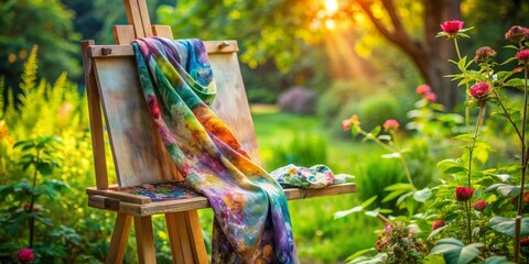 Vibrant silk scarf draped on an easel amidst lush greenery, artist's palette and brushes scattered around, capturing the essence of outdoor creativity and serenity.