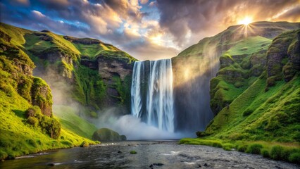 Fototapeta premium Majestic Skogafoss waterfall cascades 60 meters down moss-covered cliffs, surrounded by lush greenery, misty veil, and morning sunlight, in Iceland's breathtaking natural wonderland.