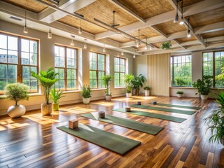 Fototapeta premium Soothing yoga studio ambiance with natural light, wooden floors, and serene greenery, awaiting a class, empty mats and props arranged in peaceful harmony.