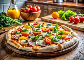 Freshly made pizza with melted mozzarella and colorful vegetables on a rustic wooden table in a modern kitchen with sleek stainless steel appliances.