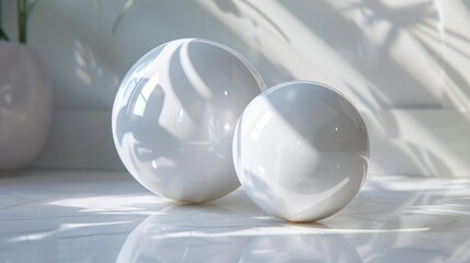 Two white spheres with intricate shadows cast on a white surface