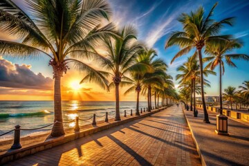 Warm sunlight casts a glow on a serene beach promenade, lined with palm trees, as the ocean waves gently touch the shore, evoking a sense of tranquility.
