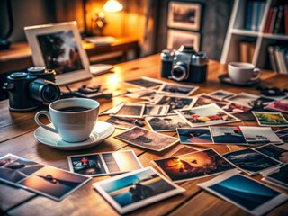 Cluttered desk with scattered photo prints, cameras, and editing equipment, surrounded by empty coffee cups, in a dimly lit studio with a subtle background blur.