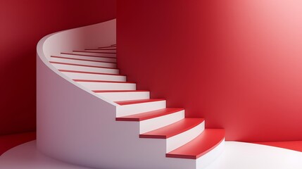 Obraz premium Modern spiral staircase with red wall, minimal design.