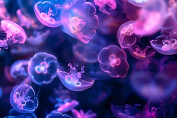 A mesmerizing underwater scene featuring vibrant jellyfish in stunning hues of blue and purple, creating an ethereal ambiance.