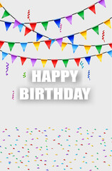 Obraz premium Happy Birthday background with bunting flags and confetti. Vector illustration