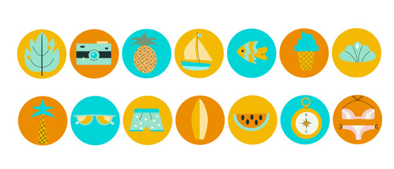 Geometric summer travel icons. Simplicity tourism, trip and journey elements. Flat style. Lighthouse, ship, swimwear, tropical fruits and other beach accessories. Can used for summer sale background.