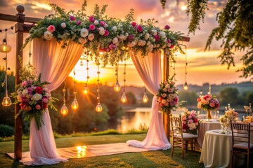 Warm sunset light illuminates a serene outdoor wedding backdrop, adorned with flowers and elegant decor, evoking a sense of joyful love and romance.