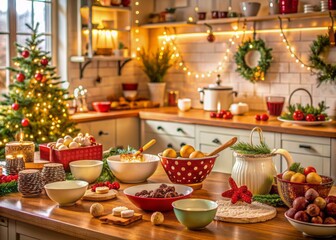 Fototapeta premium Warmly lit kitchen scene with festive holiday decorations, mixing bowls, utensils, and trays of sweet treats, evoking feelings of love, tradition, and family togetherness.