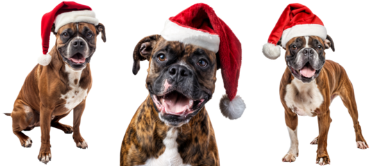 Happy Boxer Dog Bundle Wearing Santa Hat in Various Poses Isolated on Transparent Background for Christmas and Holiday Themes