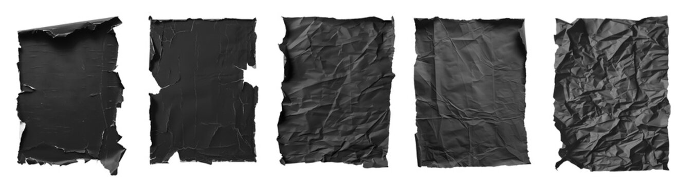 Collection set of black crushed wrinkle scrunch torn rectangle A4 paper, old torn crumple rip edges on transparent cutout, PNG file. Many different design. Mockup template artwork graphic