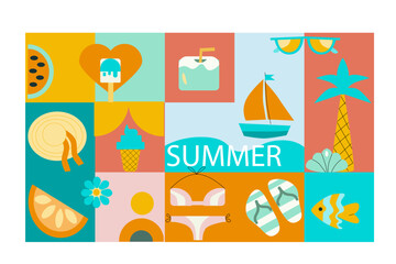 Geometric Summer Travel Background, poster, banner. Summer time fun concept design, promotion design. Vector illustration in simple flat style.