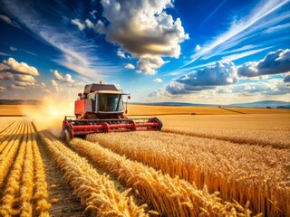 Fototapeta premium Vast tracts of golden fields stretch under a brilliant blue sky as a massive harvesting machine attached to a tractor cuts through ripened crops in synchrony.