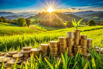Vibrant green fields overflowing with lush crops of banknotes and shiny coins, symbolizing lucrative investments and abundant financial returns in a serene rural setting.