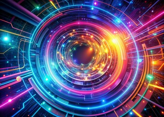 Vibrant glowing neon circuits and wires swirl within a futuristic digital vortex, blending abstract shapes and modern cyber space technology elements in a mesmerizing array.