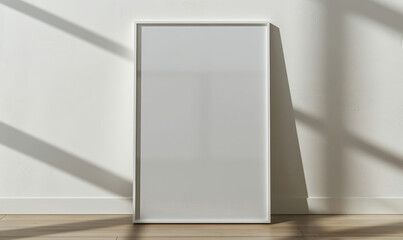 Minimalist White Frame on Wooden Floor by Textured Wall with Sun