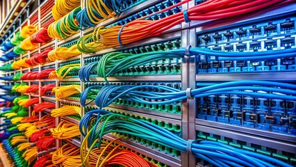 Colorful internet LAN cables intertwined in a modern server room, storing and transmitting information through a secure high-tech network infrastructure for data exchange.