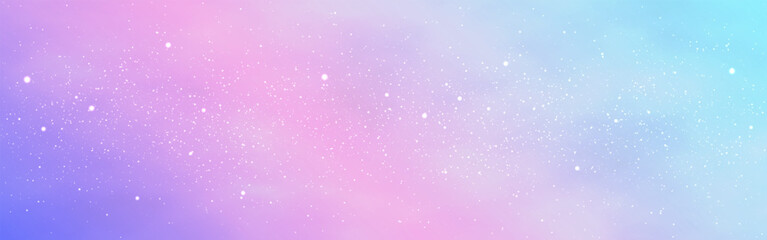 Pink and blue sky. Romantic clouds with stars. Fantasy dream wallpaper. Wide cute fairytale poster template. Magic gradient sky with glitter effect. Vector illustration.