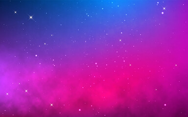 Galaxy background. Magic purple gradient with soft clouds. Bright cosmos texture. Beautiful nebula with shining stars. Deep colorful universe. Vector illustration.
