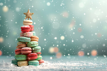 Winter modern alternative christmas tree made from colorful sweet macarons in pastel colors. Festive xmas New Year holiday season banner and greeting card with copy space. creative composition concept