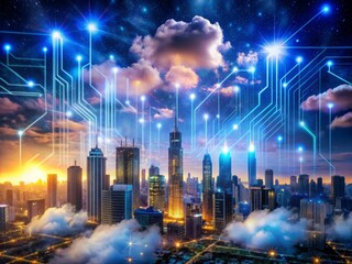 Obraz premium A futuristic cityscape with neon lights, circuit boards, and wires blend with clouds and stars, symbolizing the rapid digital transformation of information exchange.