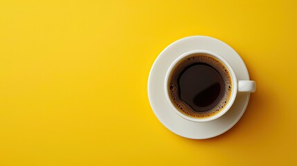 Cup of coffee on yellow background. Top view. Copy space