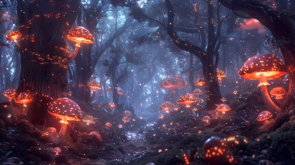 Enchanted Forest. A dark, mysterious forest with glowing mushrooms, mist, and magical creatures peeking from behind trees.