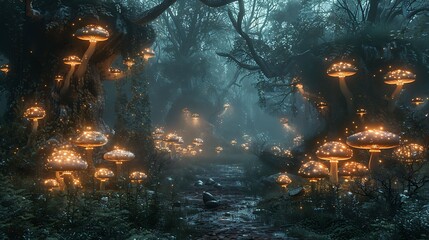 Enchanted Forest. A dark, mysterious forest with glowing mushrooms, mist, and magical creatures peeking from behind trees.