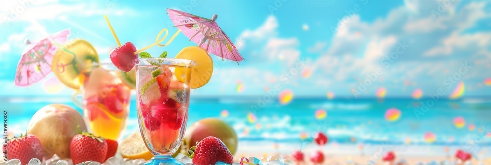 Aufkleber two colorful cocktails garnished with fruit and small umbrellas sit on a beach with a clear blue oce