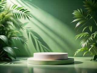 Photography nature wood podium product, photo on a flat front shot,  soft green background, beautiful soft lighting and shadow, nature background, elegant podium, nature minimalism Ai image generative