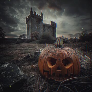 scary pumpkin patch for halloween background. pumpkin field located in front of old castle. dark night sky background