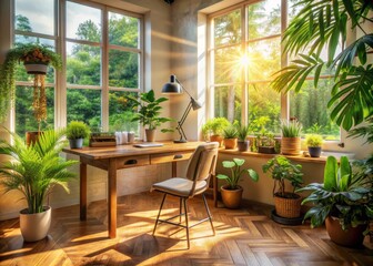 Warm sunlight streams through the window, illuminating a cozy home office with a rustic wooden desk, comfortable chair, and lush green plants surrounding a tidy workspace.