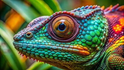 Fototapeta premium Vibrant close-up of a colorful chameleon showcasing remarkable color-changing abilities, revealing intricate scales and fascinating facial features in a lush tropical environment.