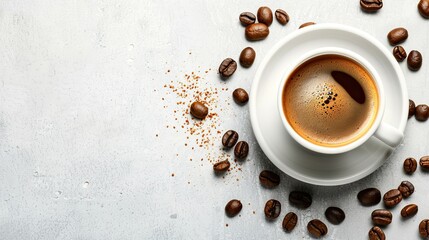 Obraz premium Coffee cups and coffee beans on white background, top view