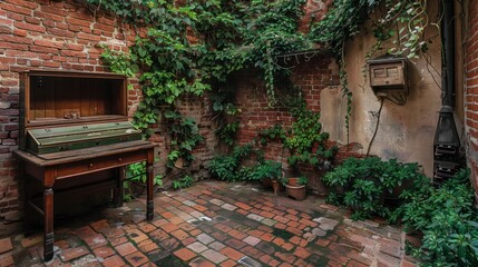 quaint brick courtyard with a vintage desk and ivy-covered walls, offering an inspiring outdoor workspace
