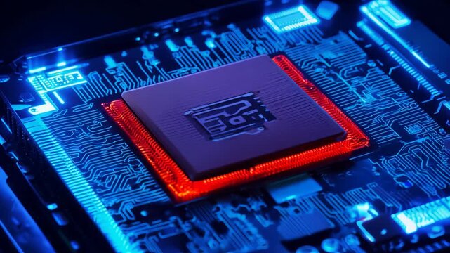 Close Up of a Red Illuminated Computer Chip on a Motherboard