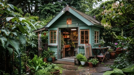 quaint potting shed in a lush garden, creatively repurposed into a charming and inspirational office space