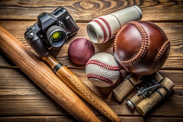 A professional camera and lenses, alongside a baseball bat, soccer ball, and cricket equipment, sit on a wooden desk, surrounded by sports-themed notes.