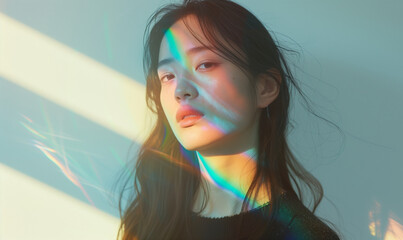 鮮やかな光を浴びる女性