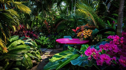 vibrant and colorful workspace in a tropical garden, with a desk nestled among exotic flowers and lush greenery