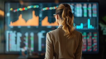 Professional woman analyzing financial data on a screen, showcasing modern trading environments and market insights.
