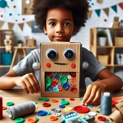 121 26 Children's craft of constructing a cardboard robot and de