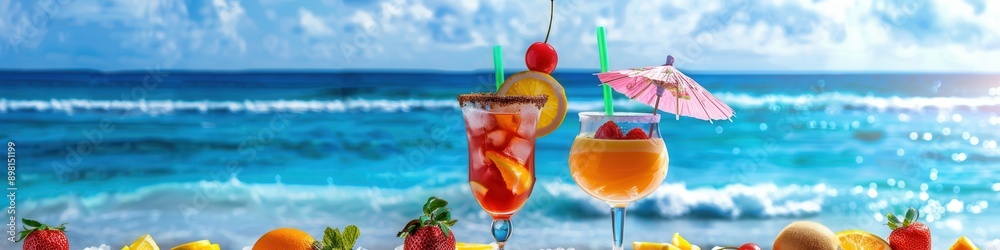 Poster two colorful cocktails with fruit garnishes and paper umbrellas sit on a beach table with an ocean v