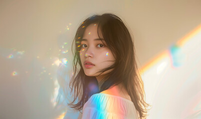 鮮やかな光を浴びる女性